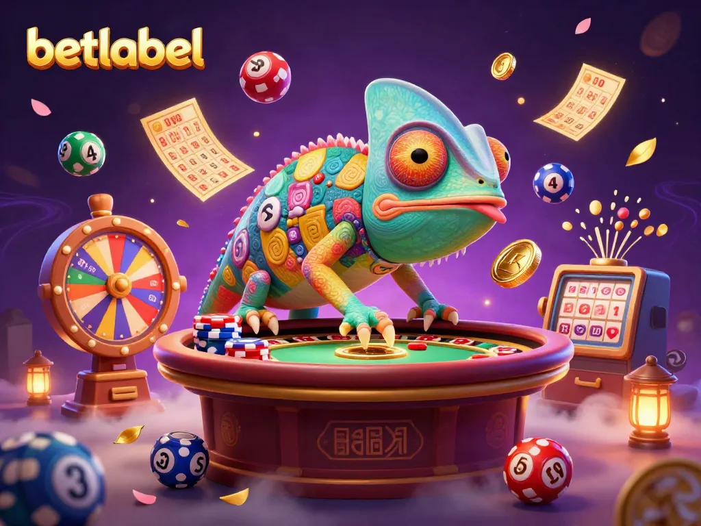 Join the lively betlabel casino with colorful games and a chameleon owner catching gold coins!