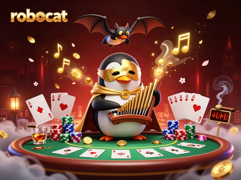 Robocat casino illustration featuring a penguin playing an organ amidst golden coins and poker elements.