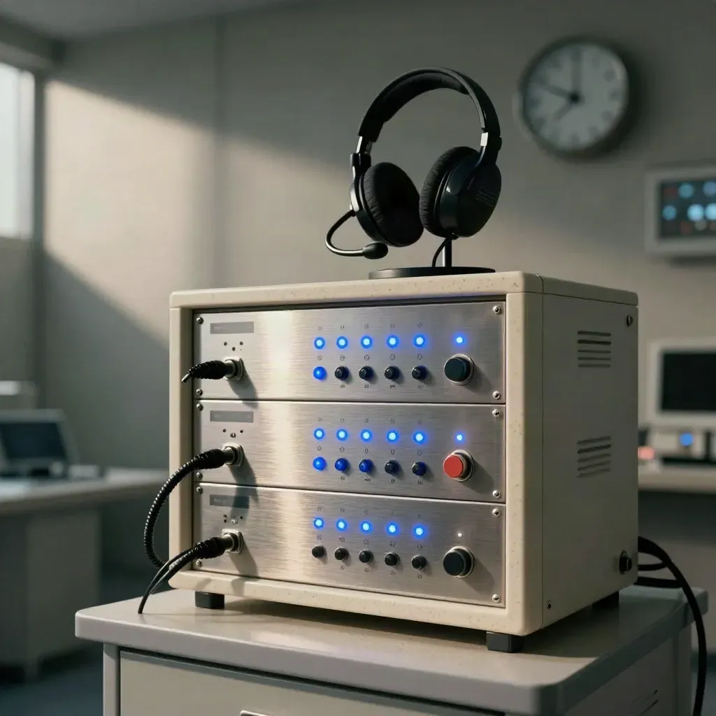 Rack de monitorización con luces azules, auricular y reloj desenfocado en un centro de control.
