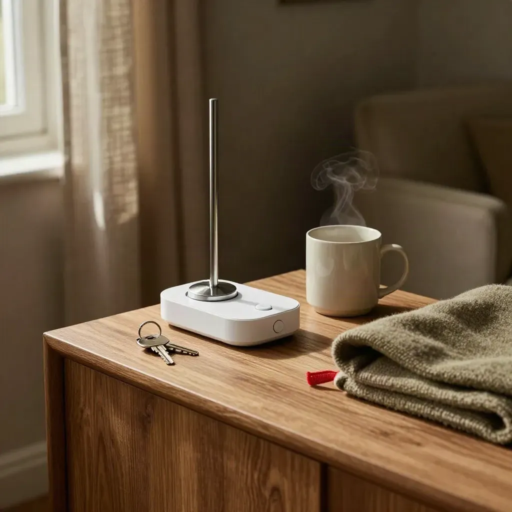 Kit de alerta médica listo en una mesa de casa, con colgante, base, llaves, taza y manta.
