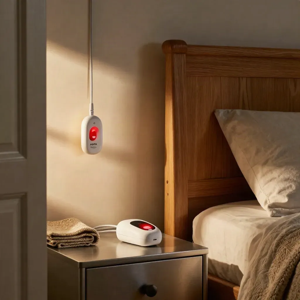 Colgante médico cargado junto a la cama, base de carga y manta plegada en un piso de Barcelona.