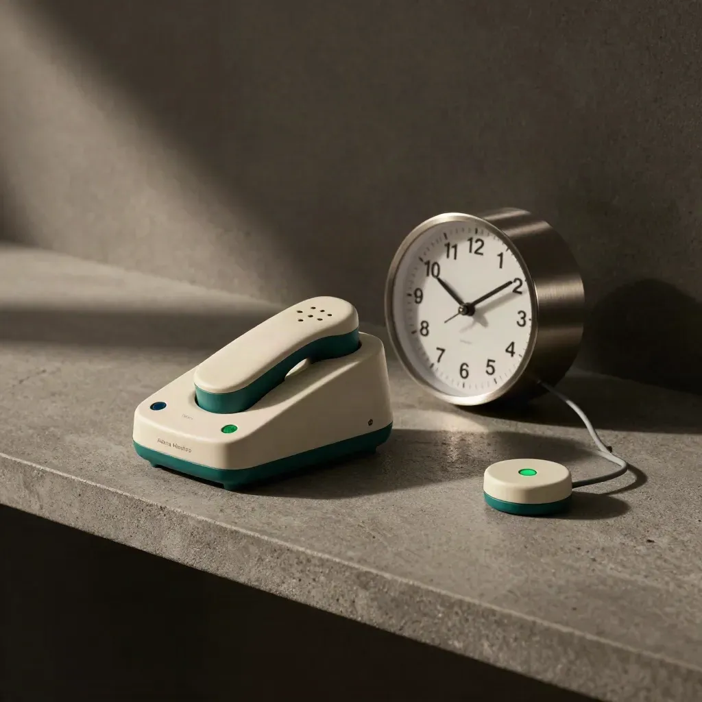 Base de atención con auricular en cuna, luz verde y reloj sobre piedra oscura.