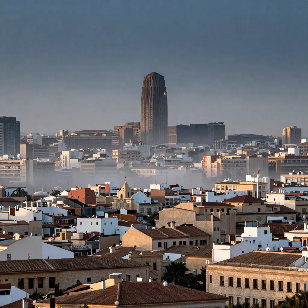 València con el Micalet alto y tejados terracota envueltos en niebla marina al atardecer