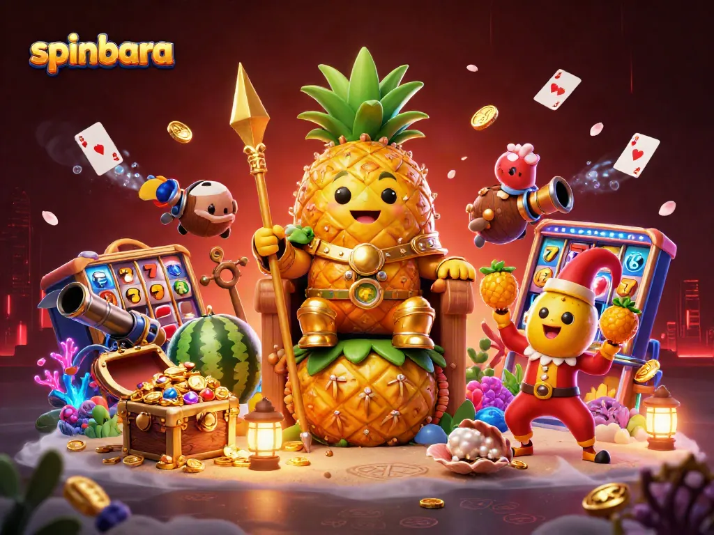 Engage in thrilling actions at Spinbara with the golden pineapple king and vibrant casino visuals.
