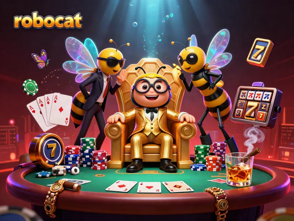 Engage with robocat at a vibrant casino scene filled with poker chips and dynamic slot reels.