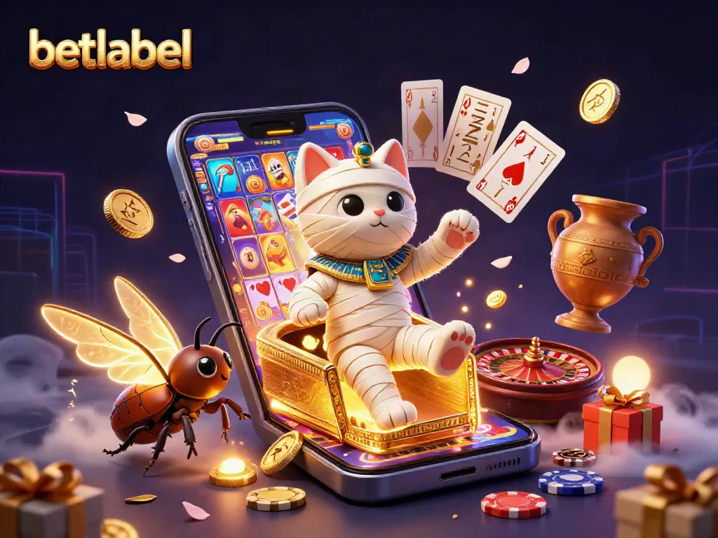 Betlabel depicts an Egyptian mummy cat in a vibrant casino bursting with games and excitement.