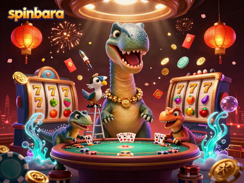 Spinbara casino features a towering brontosaurus and a raptor dealer creating a fun gaming atmosphere.